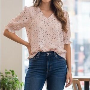 2/$20 Adrianna Papell Light Pink Blouse with Black Dots
